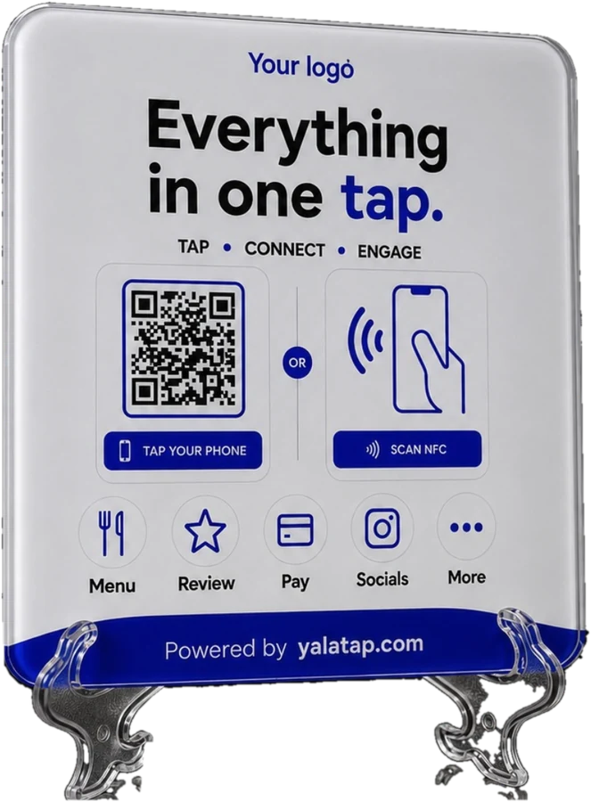 Square acrylic YalaTap display on a clear stand