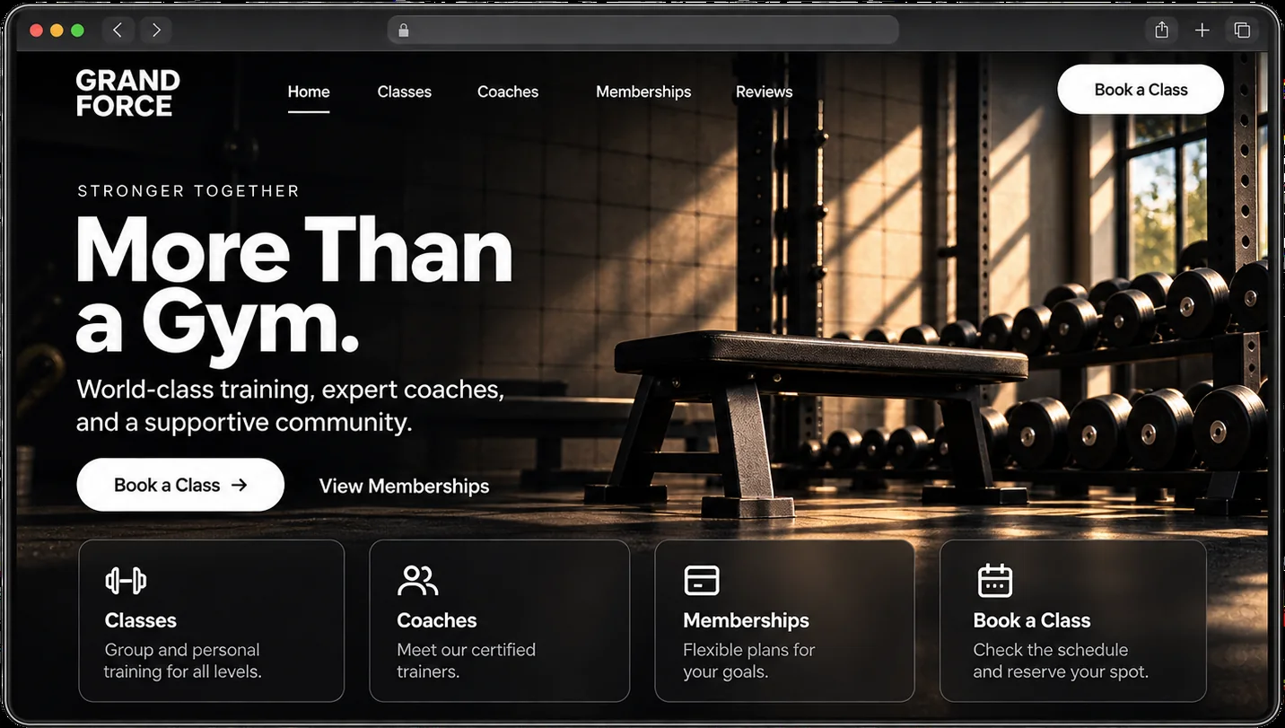 The Grand Force website, open on a desktop browser