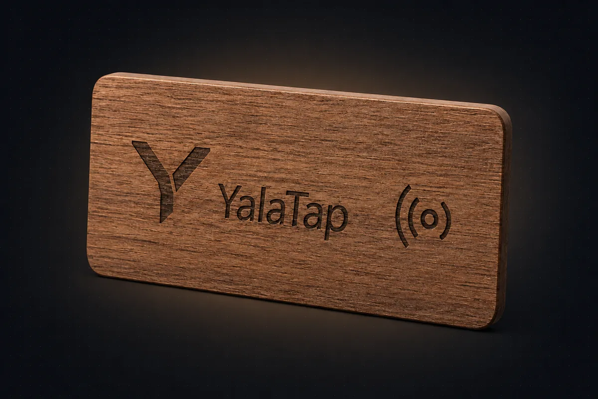 لوحة خشبية جانبية من YalaTap محفور عليها الشعار